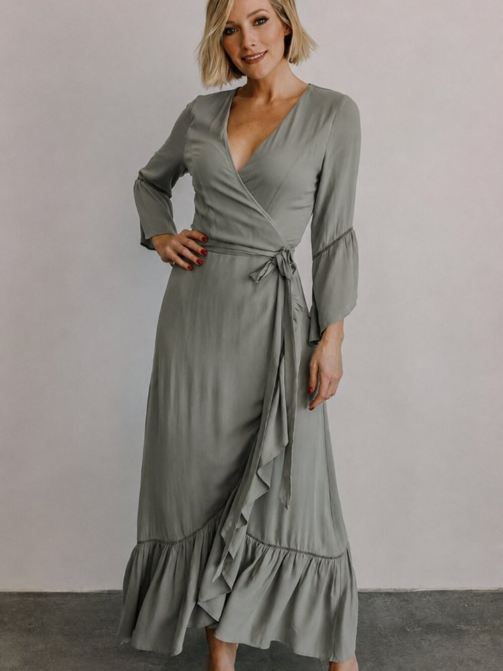 NWT Baltic Born Daniella Ruffle Hem Bell Sleeve Wrap Sage Green Maxi Dress XL